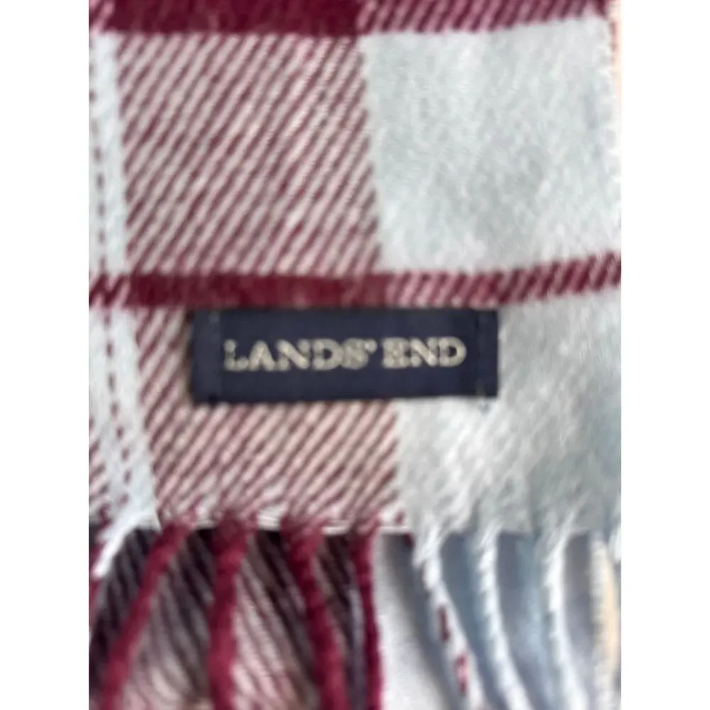 Lands’ End CashTouch Plaid Scarf Burgundy Light Blue Fringe Soft Winter Unisex